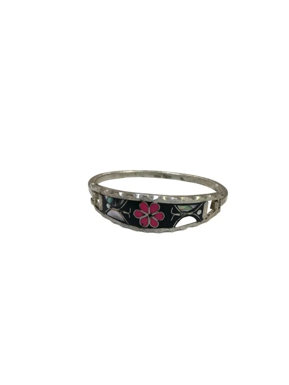 Mexico Sterling Silver 925 Hinged Floral Abalone Inlay Bangle Bracelet Child’s